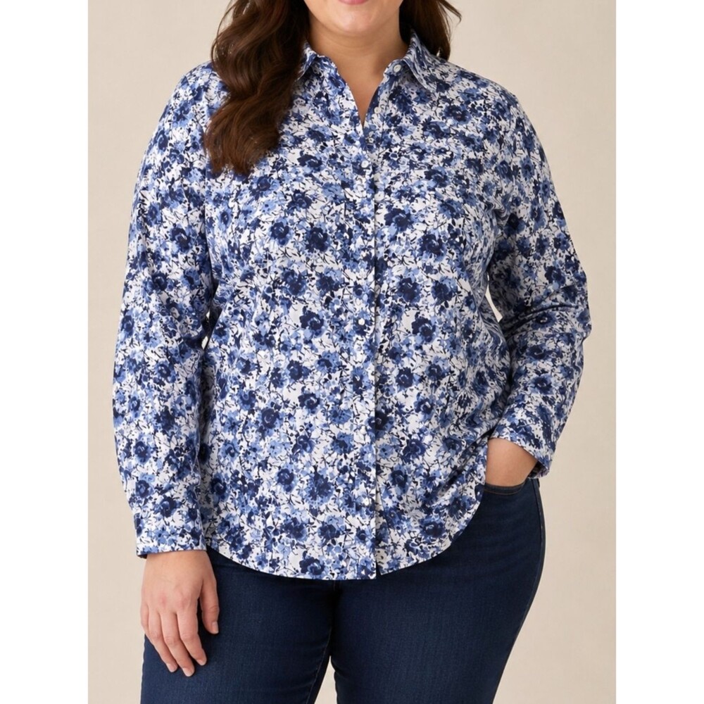 Duluth Trading Co Women's 2X Blue White Floral Button Front Shirt Stretch Cotton